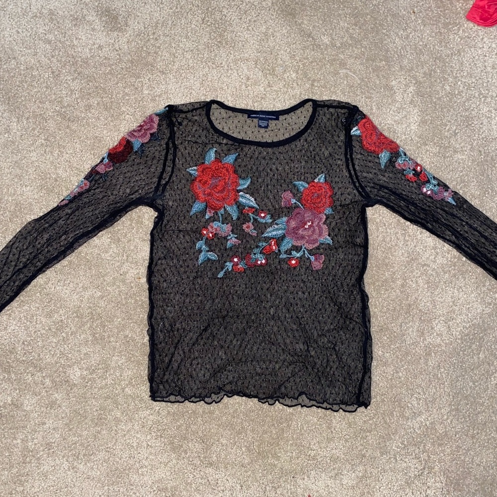 Rose embroidered mesh long sleeve